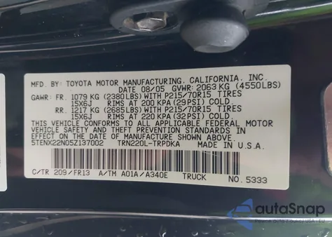 2005 Toyota Tacoma z USA, uszkodzony, nr VIN 5TENX22N05Z137002